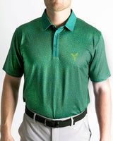 Men's Christmas golf shirt in pine green — Winter Greens golf polo, front view
